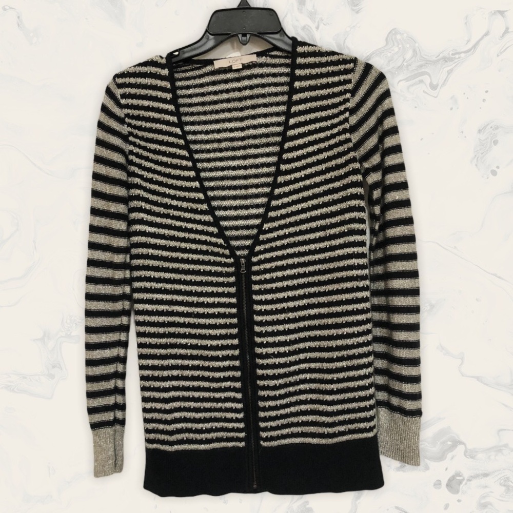 LOFT Knitted Style Zip-Up Black & Silver Cardigan